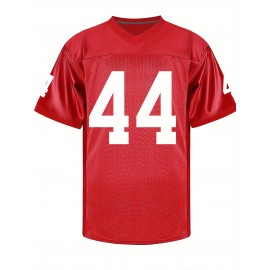 Men'S Red # 44 Breathable Rugby Shirt, Sports V-neck Short Sleeve Training Match Uniform, Embroidered American Football Shirt
