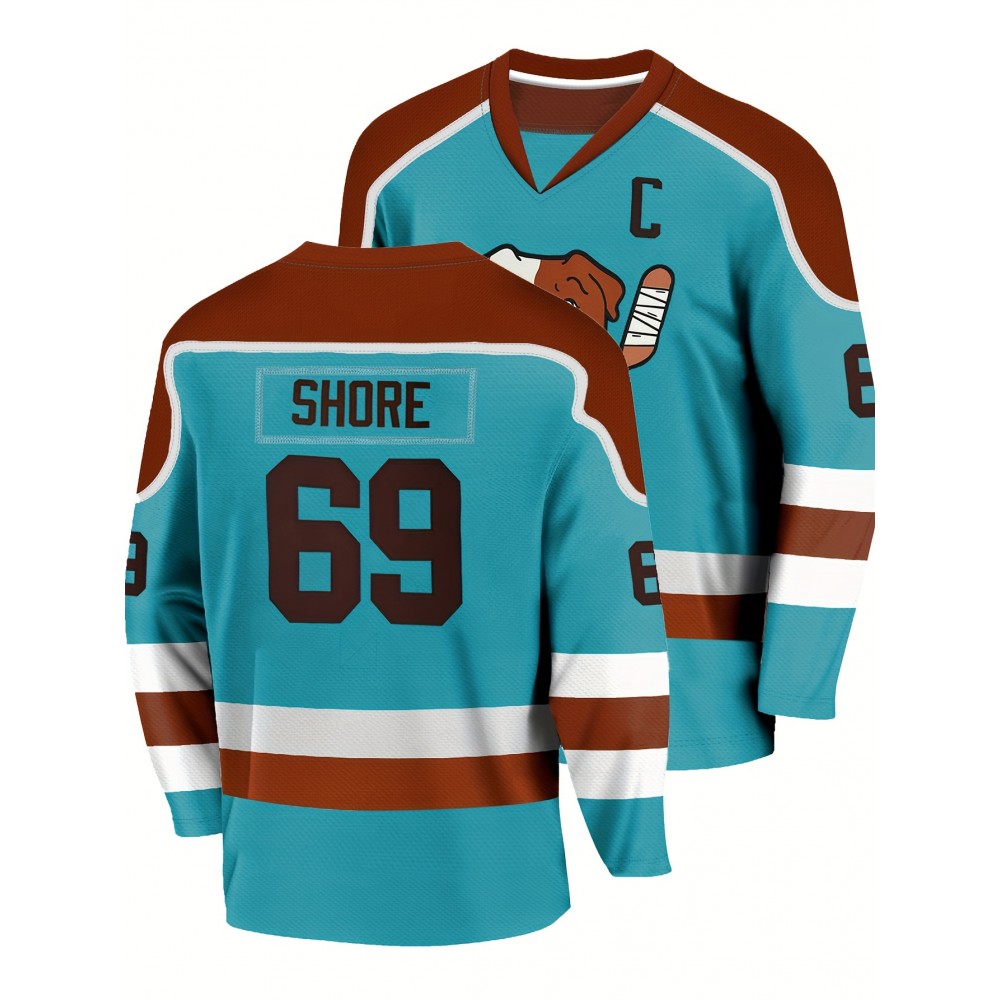 Men's #69 Moon Orchid Ice Hockey Jersey - Teal & Brown Retro Embroidered V-Neck Sweatshirt, Loose Fit, Breathable Polyester for Sports, Streetwear & Casual Outings