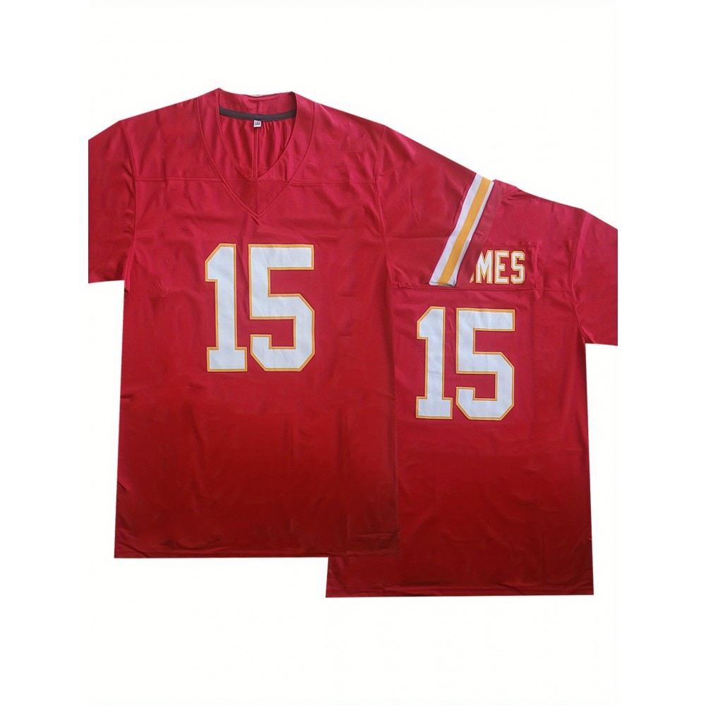 Men's Red #15 American Football Jersey - Loose Fit Breathable V-Neck Embroidered Sportswear, All-Season Casual Streetwear Top for Outdoor Activities & Sports, Football Clothes, Durable Sportswear