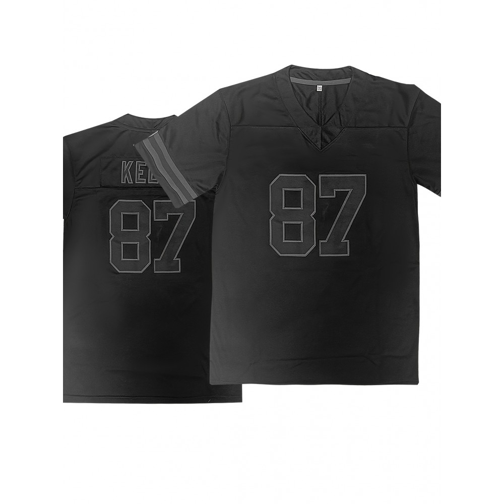 Men'S Black # 87 American Football Jacket With Loose Embroidered Sports, Fashionable, Casual, Street Breathable Rugby Top