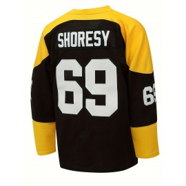 Men's Black # 69 Ice Hockey Sports Shirt, Loose Embroidered Long Sleeves, Sports Fashion Casual, Street Breathable