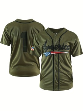 Men's #1 Army Green Baseball Jersey, Breathable Polyester, V-Neck with Button-Up Closure - Sporty & Casual Style for Everyday, Parties, Training & Streetwear