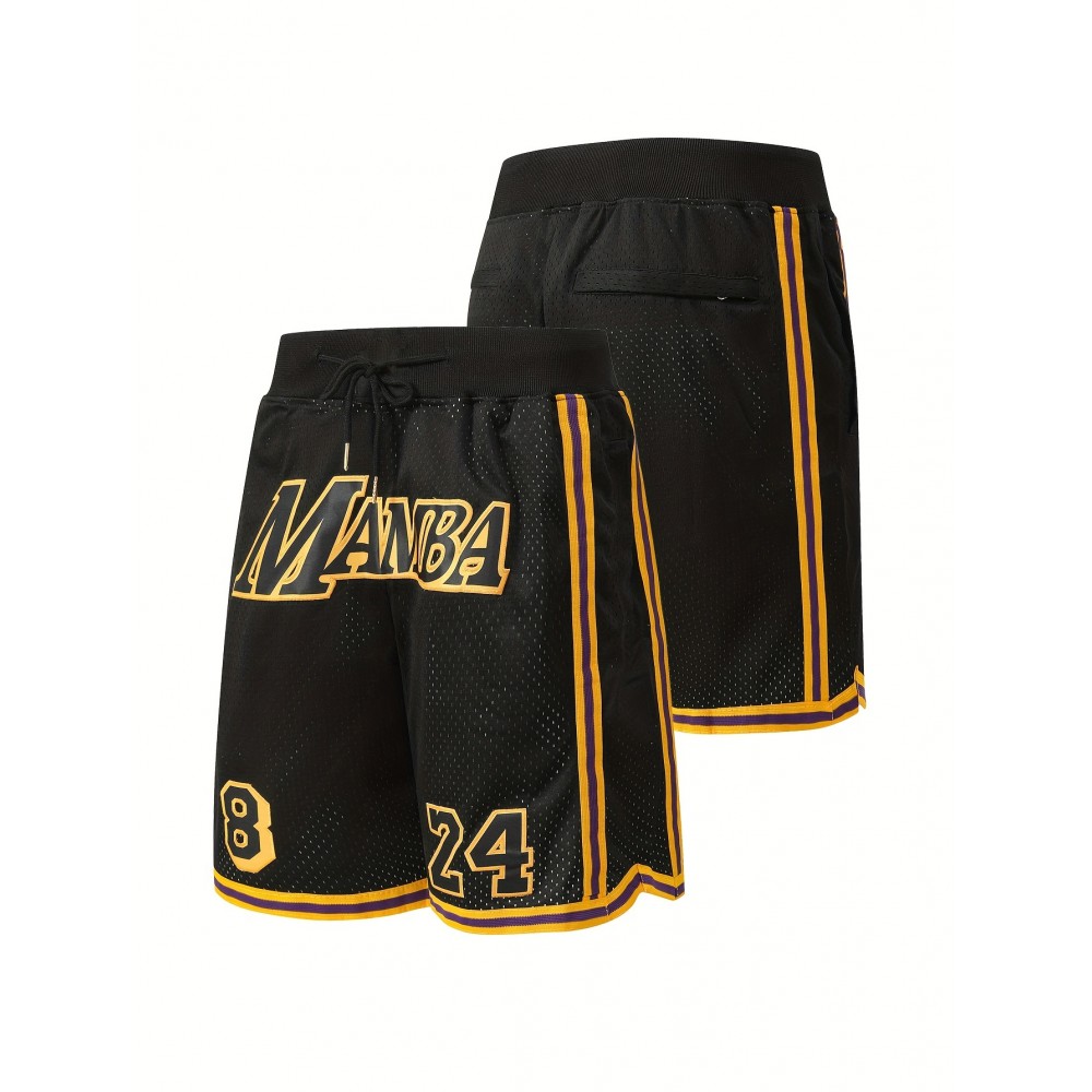 Men's Classic Breathable Basketball Shorts - Black, Embroidered Letter Design, Button Style, Short Sleeved, Training and Competition Ready