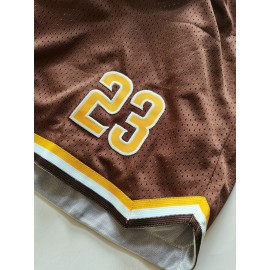 Men'S Brown # 23 Baseball Shorts, Classic Letter Embroidery Design, Breathable Button Style Short Sleeve Shirt, Suitable For Training And Competition