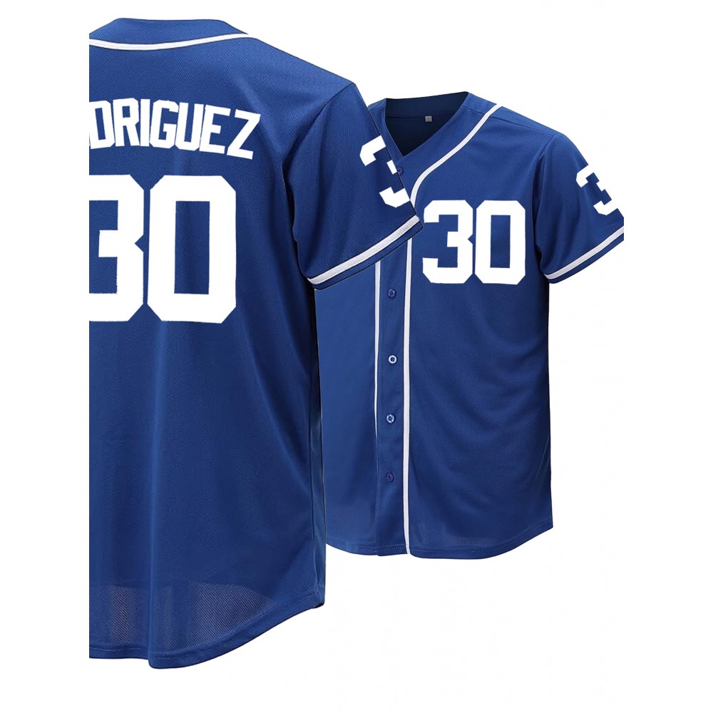 Men's #30 Blue Baseball Jersey - Classic Design, Breathable Button-Up Short Sleeve Shirt for Training & Games, V-Neck, Loose Fit, Polyester, Machine Washable, Game Day Attire | Sports Top | Lightweight Polyester, SHLUCKI