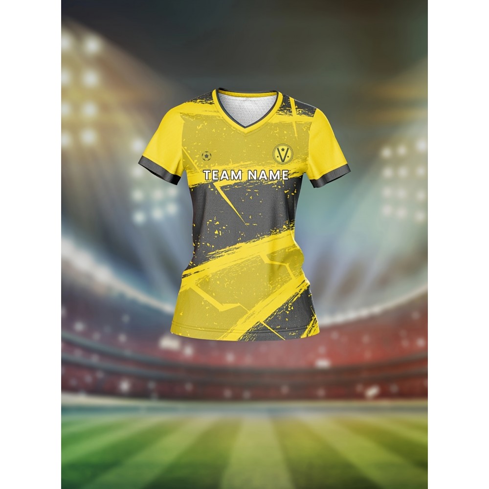 Customized Women'S V-Neck Soccer Jersey with Name & Number - Team Specific Training & Fitness Shirt, Comfortable, Breathable, Quick-Dry for Casual Wear, Yellow & Black Design, Spring/Summer/Fall