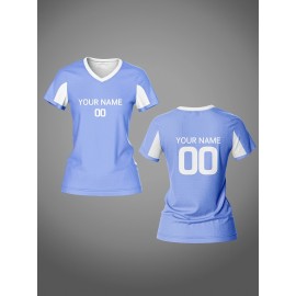 Customized Name & Number Women's V-Neck Football Jersey - Breathable Quick-Dry Moisture-Wicking Light Blue/White Stripes Team Training Fitness Casual Sports Top for Spring Summer Fall, Personalized Football Jersey, Comfortable Fit