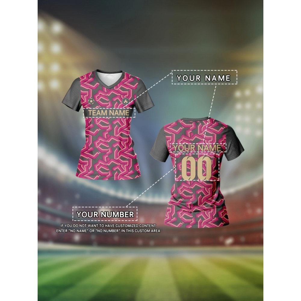 Custom Women's V-Neck Football Jersey - Personalized Name & Number, Pink & Black Abstract Print, Breathable Polyester, Quick-Dry for Sports, Fitness & Casual Wear, Fitness Apparel | Personalized Sports Top | Smooth Fabric Shirt