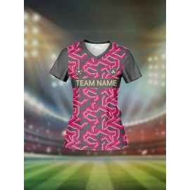 Custom Women's V-Neck Football Jersey - Personalized Name & Number, Pink & Black Abstract Print, Breathable Polyester, Quick-Dry for Sports, Fitness & Casual Wear, Fitness Apparel | Personalized Sports Top | Smooth Fabric Shirt