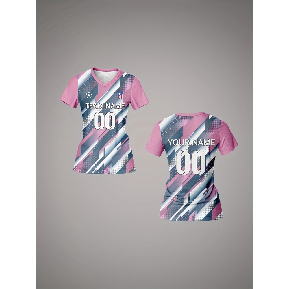 Customizable Women's V-Neck Soccer Jersey - Personalized Name & Number, Breathable Quick-Dry Polyester Sports Top for Team Training, Fitness & Casual Wear