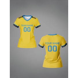 Custom Name and Number Women'S V-Neck Football Jersey, Sports Style, Polyester, Slight Stretch, All Over Print, Regular Length, Spring/Summer/Fall, Knit Fabric, 210 g/m²