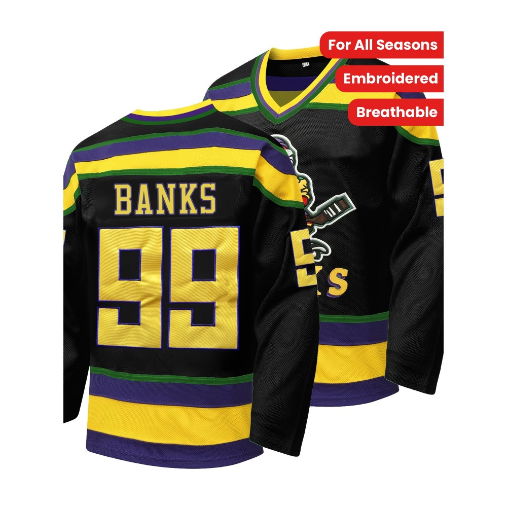[Embroidered Captain's Jersey] Black Embroidered V-Neck Captain's Jersey - Men's #99 Duck Style Ice Hockey Sweatshirt, Breathable Polyester with Striped Accents, Casual & Sporty for All Seasons